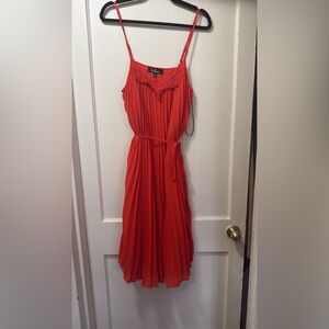 Lulu's Red Pleated Spaghetti-Strap Midi Dress with Lace Trim